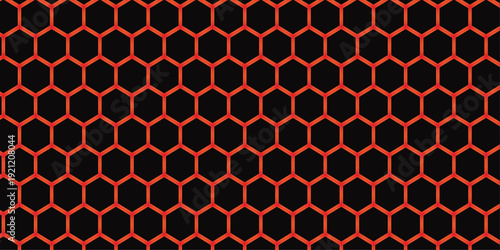 Vector seamless pattern design featuring red hearts and black hexagonal honeycomb cells in a geometric grid structure for a modern wallpaper backdrop illustration