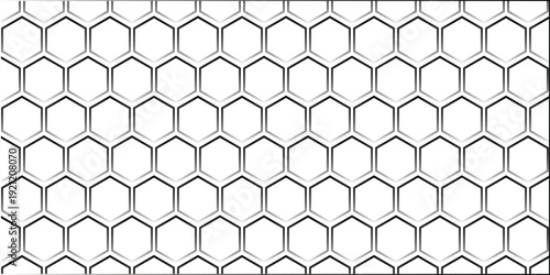 Seamless geometric vector pattern featuring a black hexagonal honeycomb mesh structure with a metallic tech grid texture for modern business wallpaper design