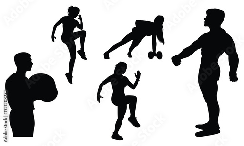 Set of five diverse fitness silhouettes on white background showing various workout poses including high knees plank with dumbbell and bicep curls