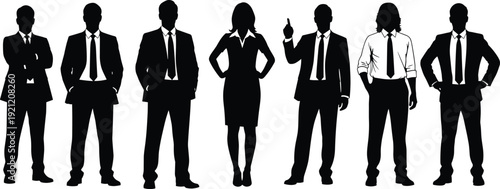 Business people silhouette collection, professional men and woman standing in formal suits isolated on white background vector illustration