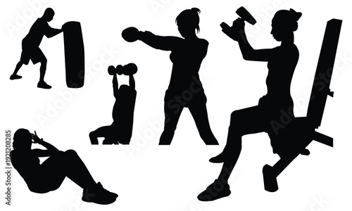 Collection of five diverse fitness silhouettes on white background showing individuals performing varied exercises like sit-ups and weightlifting