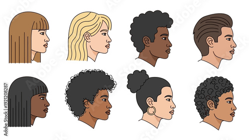 modern flat design illustrations of diverse people profiles showcasing various ethnicities hairstyles promoting global inclusion.