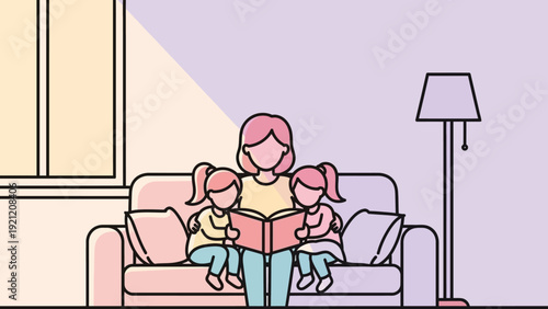 mother and two daughters reading a storybook on a sofa in a pastel living room illustrating family bonding quiet time and education.