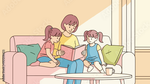 mother reads a storybook to her two smiling daughters on a cozy sofa fostering early childhood literacy and heartwarming family bonding.