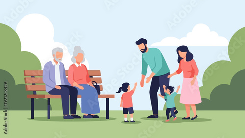 multi generational family on a sunny park day. grandparents watch parents playing with children illustrating family love.