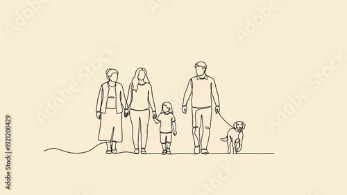 multi-generational family and their dog walking together holding hands in minimalist continuous line art symbolizing unity and connection.