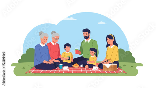 multi-generational family picnic outdoors in a park enjoying leisure time and bonding on a sunny day illustrating happy summer moments.