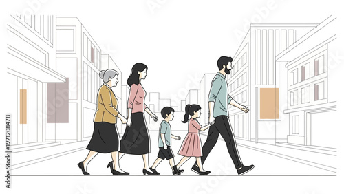 multi-generational family walking hand in hand on a city street depicting family connection support and unity in an urban setting.