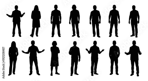 multiple generic people silhouettes standing and gesturing in various poses on white ideal for communication business and team concepts.