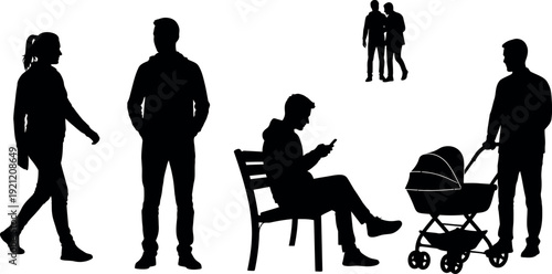 Silhouette of people in various activities in a public place