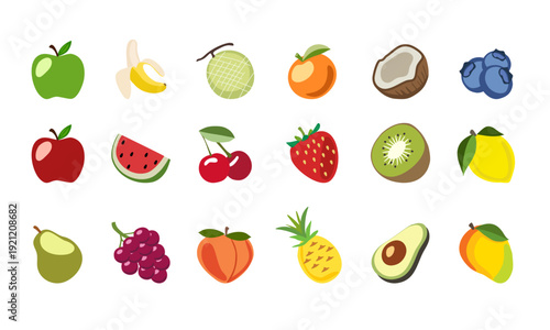 Set of 20 colorful fruit icons vector