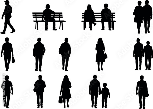 Silhouette of people in various poses and outfits