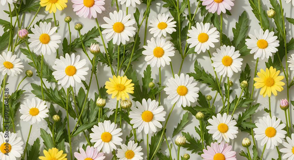 Fototapeta premium A field of white and yellow daisies with green leaves