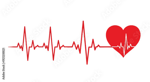 A vibrant red electrocardiogram heartbeat line dynamically transitions into a classic heart symbol, representing health, love, and medical care, perfect for design elements and educational content.