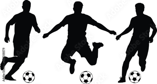 Soccer player silhouettes dribbling and kicking ball set, football athlete action poses isolated on white background vector illustration