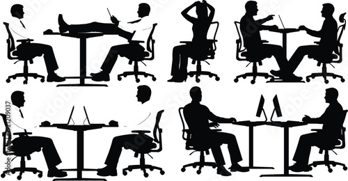Office workers silhouettes set with business meetings, desk collaboration and computer work scenes, professional corporate vector illustration isolated on white background