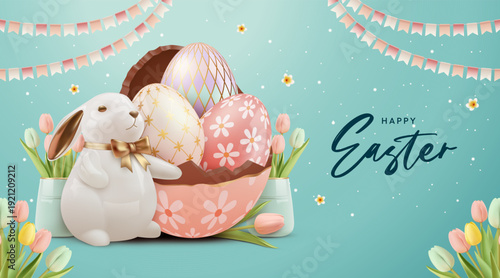 Happy Easter Blue Pastel Banner with Bunny and Decorative Eggs 3D Spring Design