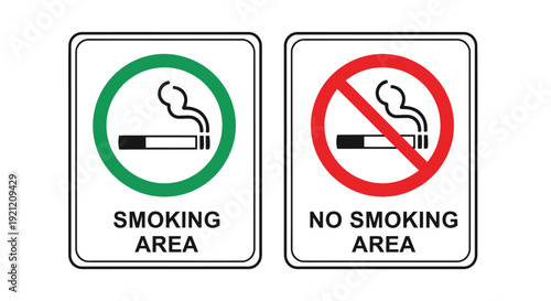Set of two graphic vector signs illustrating designated smoking areas and mandatory no smoking prohibition clearly marked for public guidance and safety compliance