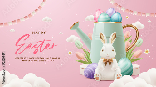 Happy Easter Pink Pastel Background with Bunny Eggs and Spring Flowers 3D Illustration