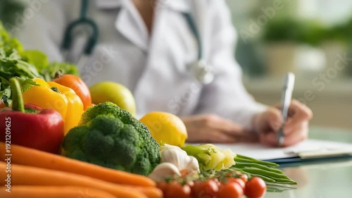 Fresh vegetables on a table with a blurred dietitian or doctor in a white coat writing in the background