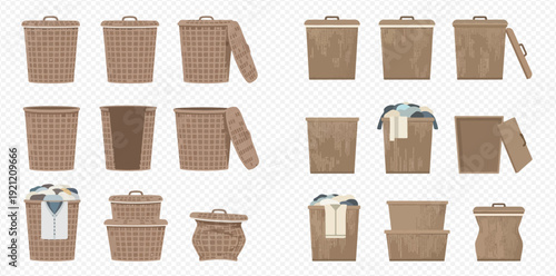 A diverse collection of wicker and cloth laundry baskets for home chores and organization.