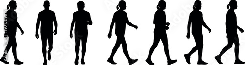 Silhouette of seven people walking in a line