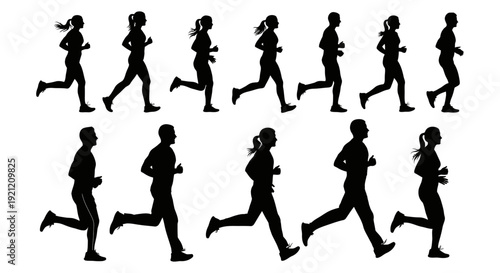 running silhouettes of men and women illustrating fitness health and active lifestyle ideal for sports and wellness content.