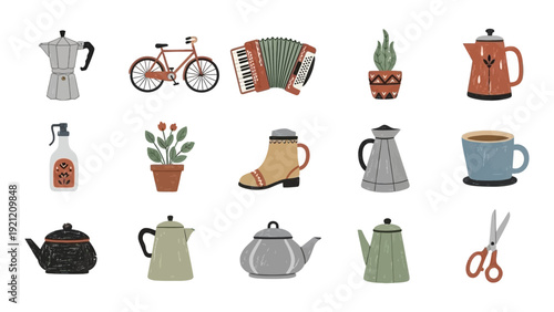 rustic hand-drawn illustrations of objects kitchenware bicycle accordion plants tools perfect for cozy home design.