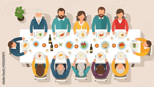overhead view of a diverse group enjoying a shared meal at a long dining table ideal for illustrating family gatherings and social celebration.