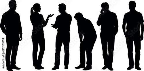 Six black silhouettes of people in various poses on a white background