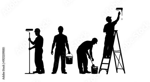 painter silhouettes illustrating men in hard hats painting walls with rollers stirring paint and working on ladders depicting home renovation and construction labor.