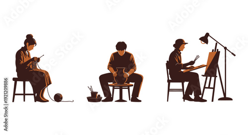 people crafting through creative hobbies like knitting pottery and painting symbolizing artistic skill development and mindful leisure time.