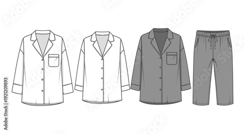 pajama set flat sketch technical drawing showing sleepwear designs including shirts and pants for fashion development.