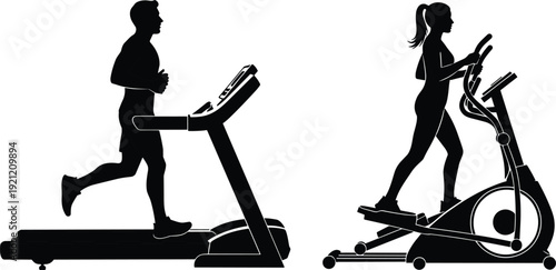 Man running on treadmill and woman exercising on elliptical trainer silhouettes isolated on white background fitness vector illustration