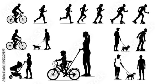 people families and pets silhouette engaged in outdoor activities cycling running rollerblading walking active healthy lifestyle imagery.