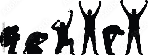 Man emotion silhouette collection, male expressing stress, prayer, victory and exhaustion poses isolated on white background vector illustration