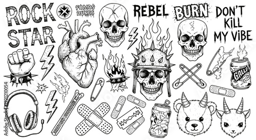 punk rock alternative graphic design elements featuring skulls anatomical heart safety pins and rebel slogans for edgy merchandise.