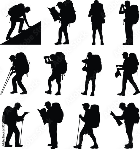 Silhouette collection of hikers and backpackers trekking, climbing and navigating with map and trekking poles, outdoor adventure travel and mountain expedition vector set