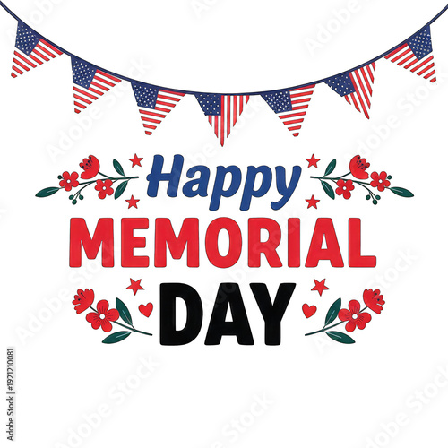 Memorial Day celebration text with bunting, transparent PNG, cut-out