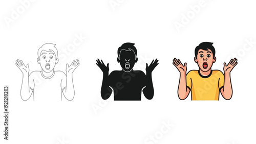 Surprised young man with hands up, expression of shock or confusion, shown in three styles outline, silhouette and full color illustration