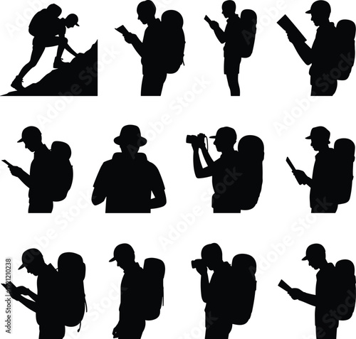 Silhouette set of hikers and backpackers using map, compass and binoculars, mountain trekking and outdoor adventure travel exploration vector illustration collection
