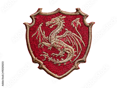 Fotografía A red and gold embroidered dragon patch on transparent background