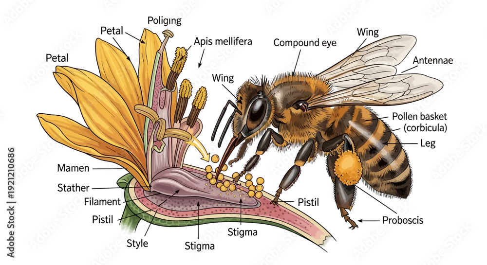 Εκτύπωση καμβά Highly detailed scientific illustration of honeybee pollination process showing bee anatomy, pollen transfer, and flower interaction in a natural ecosystem