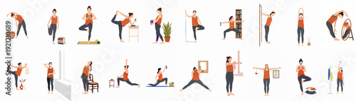 Collection of women practicing various yoga poses, stretches, and home exercises, promoting wellness, fitness, and a healthy lifestyle in diverse indoor settings.