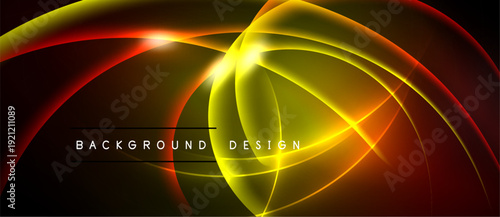Dynamic neon curves create vibrant abstract background. Bright yellow center radiates outward, blending into red hues. Modern design element.
