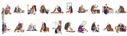 Elderly Women's Daily Lives with Service Dogs: A Collection of Scenes Depicting Companionship, Support, and Care in Various Home Settings.