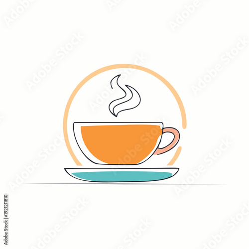 Clean line art illustration depicting a comforting hot drink in a vibrant mug, presented within a subtle circular frame for modern design