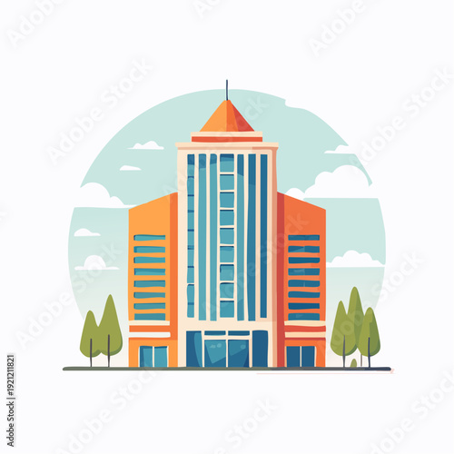 Modern office building with glass facade and surrounding trees under a cloudy sky