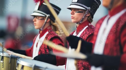 A group of young women in red uniforms energetically playing drums together.