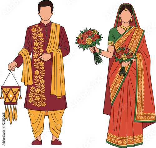 Traditional Indian bride and groom wedding attire illustration with sari and sherwani, holding bouquet and lantern, colorful cultural vector isolated on white background